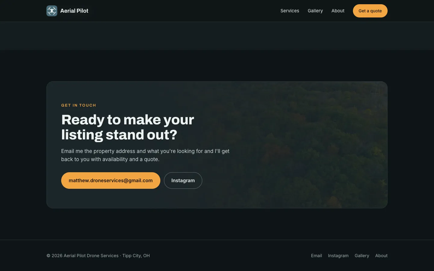 Aerial Pilot contact section inviting visitors to request a quote for their listing