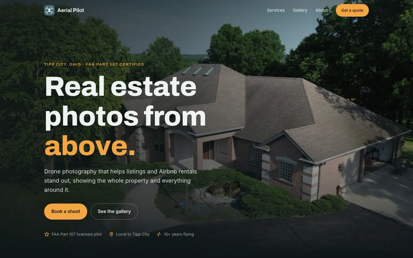 Aerial Pilot home page: a full-screen aerial photo of a brick home with the headline “Real estate photos from above.”